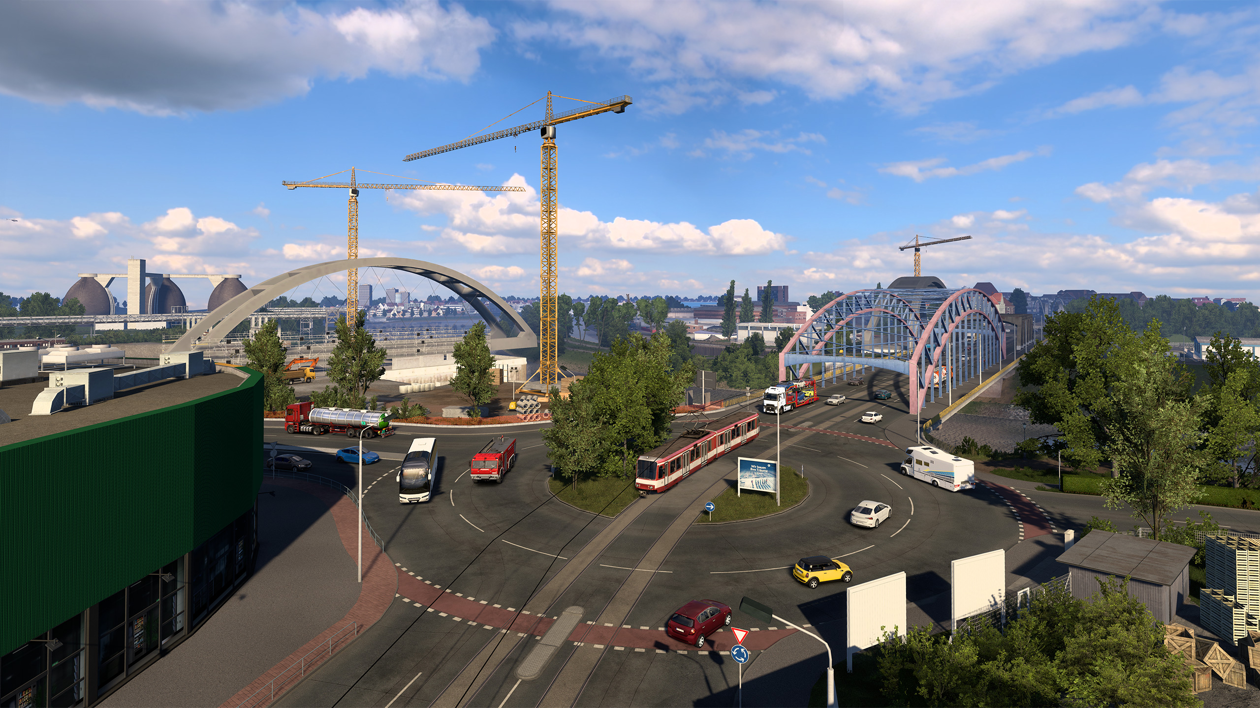 City junction with tram and bridges in Germany